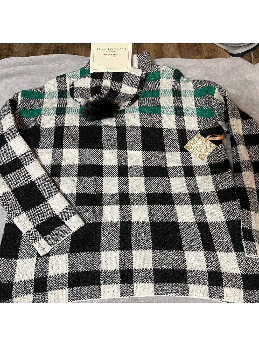 Christian Siriano Black and White Checkered Sweater with Green Accents L